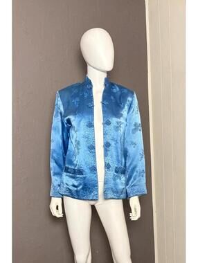 1970's Blue Satin Silk Cheongsam Jacket Reversible Cream Side from Peony size M